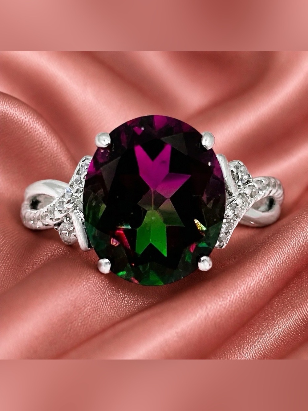 ‘Watermelon’ Quartz Solitaire S925 Ring. Split Shanks with Austrian Crystals.